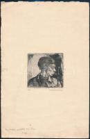Walleshausen Zsigmond (1888-1978): Önarckép. Rézkarc, papír, jelzett, gyűrődéssel, Imrének szeretettel 1923 XII.23 Zsiga, 7,5×8 cm