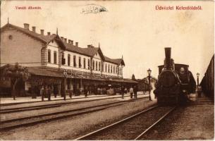 1907 Budapest XI. Kelenföld, Vasútállomás, gőzmozdony, vasutasok. Kiadja Chvala Józsefné / Bahnhof / railway station, locomotive (EK)