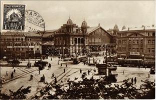 Budapest VI. Berlini tér (Nyugati tér), Nyugati pályaudvar, vasútállomás, villamosok, Magyar-Német Bank Rt., Moskovics Emil, Stühmer üzlete, hentes, teherautó, kerékpár. Photo Erdélyi