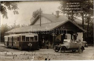 1929 Budapest XII. Svábhegy, Fogaskerekű vasút felső állomása a BSzKRt új villamosmozdonyával, Svábhegy-Jánoshegyi autóbuszjárat kocsija, Lardoline olaj reklám. photo (EK)