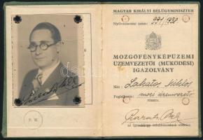 1938 Mozgófényképüzemi üzemvezetői fényképes igazolvány