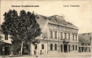 Erzsébetváros, Dumbraveni; Városi Tanácsház, Városháza, Löw Minna, Szabó István üzlete. Kiadja Scholtes A. 324. / town hall, shops