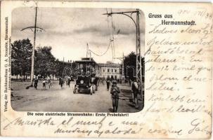 1904 Nagyszeben, Hermannstadt, Sibiu; Die neue elektrische Strassenbahn: Erste Probefahrt! Verlag G. A. Seraphin, Lichtdruck v. Jos. Drotleff / A villamos hálózat első elektromos kocsija Nagyszebenben, az első próbaút, tesztvezetés / the first electric omnibus (tram car) on its first test drive in Sibiu (fl)