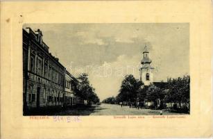 1914 Perjámos, Periam; Kossuth Lajos utca, Római katolikus templom. W. L. Bp. 1327. / street view with Catholic church (EK)