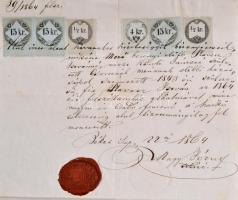 1864 Hadkötelezettség alól felmentés 3x15kr +2x1/2kr illetékbélyeggel