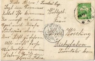 1908 Arad, emeletes autóbusz a Városháza előtt, rajta Braun Miksa ruha áruháza és a Fleischer Testvé...