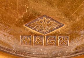 Szecessziós fém csésze csészealjjal, csésze füle hiányzik, kopott, jelzett