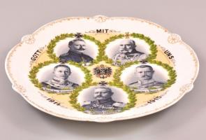 1915 I. világháborús propaganda porcelán dísztányér. Ferenc József, Vilmos császár, Hindenburg és a ...
