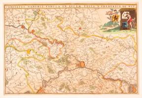 1680 Frederick de Wit (1629/1630-1706): Comitatus Namurci Tabula In Lucem, Namur megye térképe. Kézzel színezett rézmetszet. Körbevágott, az alsó szélén hiánnyal, restaurált, paszpartuban, 37x55 cm./ 1680 Frederick de Wit (1629/1630-1706): Comitatus Namurci Tabula In Lucem, hand colored copper engraving. With lack on the bottom, restored, in passepartout, 37x55 cm.