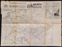 Magyarország és Közép-Európa vasuti térképe, Bp. Posner Károly Lajos és fia, foltos, kissé szakadozott, 52x69 cm./ cca 1910 Railroad map of Central Eurpe, spotty, 52x69 cm.
