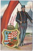 Budapest, Címeres magyar zászló katona leporellolap / Hungarian coat of arms and flag with soldier,  leporellocard