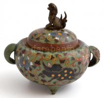 Kínai, sárkány figurás Clouson rekeszzománccal díszített fém tálka. Sérült a zománc. / Chinese ename...