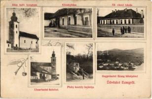 1913 Ecseg, Római katolikus templom, Állami elemi iskola, utca, községháza, Plahy kastély bejárója, hegy, üzlet. Art Nouveau (EK)