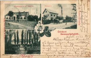 1899 Sellye, Baranya-Sellye; gőzmalom, községháza, Református templom, kastély. Kiadja Rónay Béla, floral (EK)