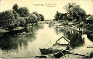 1910 Vukovár, Vukovar; Obala rijeke / Flusspartie / Dunai part, evezős csónak, halászhajók. W. L. Bp. 3722. / Danube river bank, rowing and fishing boats