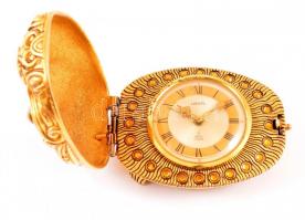 Lancel Panther asztali óra. Aranyozott, achát és citrin berakással; 1950, 8 napos működő szerkezet. / Lancel travel watch with copper case and achat. Works well. 10 cm