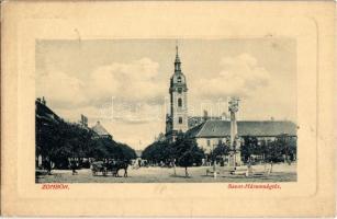 1911 Zombor, Sombor; Szentháromság tér és szobor, Szent György ortodox templom. W. L. Bp. 3748. / Holy Trinity square and statue, Orthodox church