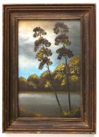 Jelzés nélkül: Tóparti fák. Olaj, karton, keretben, 14×9,5 cm