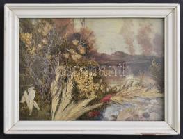 Táj kép nyomat száraz virágokkal, üvegezett keretben, 12×17 cm