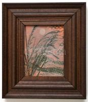 Jelzés nélkül: Tóparti táj, festett, karcolt kerámia, fa keretben, 9×8 cm