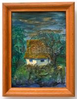 Jelzés nélkül: Táj kunyhóval. Kollázs, karton, keretben, 14×10 cm
