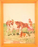 Jelzés nélkül: Parasztlány a tehenekkel. Akvarell, papír-farost, keretben, 24×19 cm