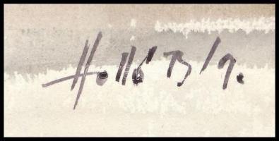 Holló jelzéssel: Pajta gémeskúttal. Akvarell, papír, 17×30 cm