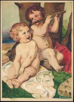 Granár József (?-?): Muzsikáló angyalok. Akvarell, papír, 27×20 cm