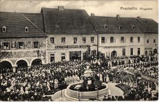 1917 Prachatice, Prachatitz; Ringplatz, Gasthof Kronprinz Rudolf. Verlag J. Hirsch / square, inn, crowd + K.u.K. Reservespital in Prachtitz Militärpflege