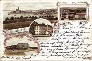1898 Rovinj, Rovigno; Fabrica tabacchi, Aquario Berlinese, Ospizio Marino / tobacco factory, marine hospital. N. Daveggia No. 1174. Art Nouveau, floral, litho (EK)