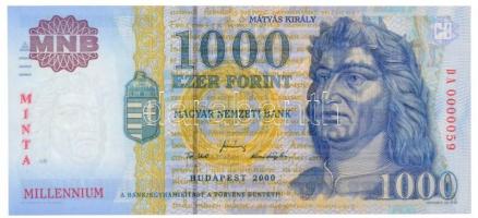 2000. 1000Ft MINTA felülnyomással, Millenium, DA 0000059 sorszámmal T:I / Hungary 2000. 1000 Forint with MINTA overprint, Millenium and DA 0000059 serial number C:UNC Adamo F55BM2