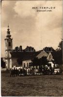 1929 Drávapalkonya, Református templom, hívők vasárnapi ruhában. Pozsegovits Gy. photo + Beremend-Pécs 188. vonat bélyegző