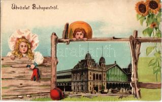 Budapest VI. Nyugati pályaudvar (tévesen Keleti pályaudvar felirattal). Szecessziós dombornyomott litho keret kisgyerekekkel / Art Nouveau litho frame, Emb. (vágott / cut)