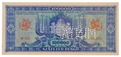 1945. 100.000P kék, "M000 - 000000" sorozat és sorszámmal, "MINTA" perforációval...