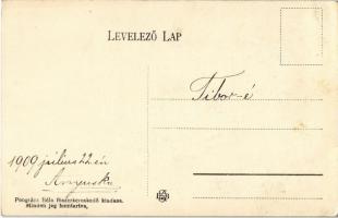 1907 Balatonszárszó-fürdő, parti részlet, gőzmozdony nagy füsttel, kiránduló hölgy a sziklán. Pongrá...