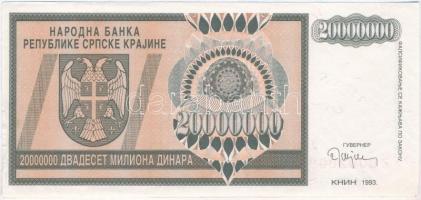 Horvátország / Krajna Szerb Köztársaság 1993. 20.000.000D pótkiadás "Z 0002000" sorszámmal...