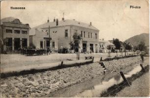 1914 Homonna, Homenau, Humenné; Fő utca, gyógyszertár, Klein Dávid és fia és Klein Márton üzlete. Hossza Gyula kiadása / main street with shops and pharmacy