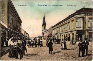 1905 Pancsova, Pancevo; Almási út, templom, Graff üzlete / street view with shops and church