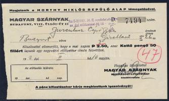 1942 Horthy Miklós repülőalap támogatásával megjelenő, Magyar szárnyak repülésügyi folyóirat negyedévi előfizetési nyugtája