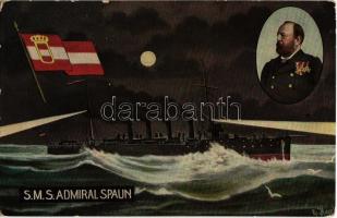 SMS Admiral Spaun osztrák-magyar gyorscirkáló este / K.u.K. Kriegsmarine / Austro-Hungarian Navy SMS Admiral Spaun light cruiser at night, navy flag. G. Fano No. 60. (kopott sarkak / worn corners)