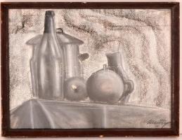 Kmetty jelzéssel: Asztali csendélet. Szén, papír, üvegezett keretben, 34×45 cm