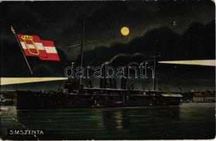 SMS Zenta osztrák-magyar Zenta-osztályú védett cirkáló este / K.u.K. Kriegsmarine / Austro-Hungarian Navy SMS Zenta, Zenta-class armored cruiser at night, navy flag. G. Fano No. 47. (EB)