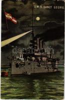 SMS Sankt Georg osztrák-magyar páncélos cirkáló este / K.u.K. Kriegsmarine / Austro-Hungarian Navy SMS Sankt Georg armored cruiser at night, navy flag. G. Fano No. 17. (kopott sarkak / worn corners)