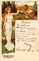 1922 Törley pezsgő, étlap. Kellner és Mohrlüder / Hungarian champagne advertisement with menu, litho art postcard