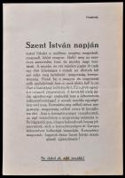 1919 Szent István napján tartsd füledet a multhoz, ... A román hatóságok által cenzúrázott röplap, amelyben a keresztény magyarok a a kereszténység és a magyarság védelmére buzdítanak a gaz, idegen kalandorok hazugságaival szemben, hajtásnyommal 21x15 cm