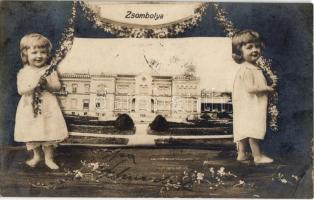 1908 Zsombolya, Jimbolia; Gróf Csekonics Csitó kastélya. Szecessziós montázs keret gyerekekkel / castle. Art Nouveau montage frame with children. photo (EK)