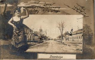 1908 Zsombolya, Jimbolia; Kossuth Lajos utca, Római katolikus templom, Polgári iskola. Szecessziós montázs keret hölggyel / street view with Catholic church and school. Art Nouveau montage frame with lady. photo (EK)