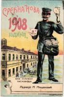 1908 Happy New Year! Serbian Cyrillic New Year greeting card with postman, litho (non PC) (EK)
