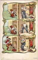 Bizarre humour. Butcher placing pig intestines under a squatting man. Art Nouveau, litho (EK)