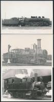 Régi mozdonyok, közte 1872-es Sigl mozdony, 3 db modern előhívás, 9×14 cm / locomotives (e.g. Sigl locomotive), 3 modern copies of vintage photos